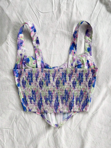 Women's Floral Print Bustier Crop Top With Asymmetrical Hemline, Romantic Vacation Style, Can Be Worn Underneath Or As Outerwear, Summer Outfit For Tea Time, Parties, Back To School
