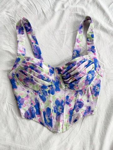 Women's Floral Print Bustier Crop Top With Asymmetrical Hemline, Romantic Vacation Style, Can Be Worn Underneath Or As Outerwear, Summer Outfit For Tea Time, Parties, Back To School
