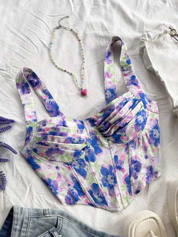 Women's Floral Print Bustier Crop Top With Asymmetrical Hemline, Romantic Vacation Style, Can Be Worn Underneath Or As Outerwear, Summer Outfit For Tea Time, Parties, Back To School