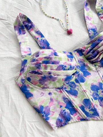 Women's Floral Print Bustier Crop Top With Asymmetrical Hemline, Romantic Vacation Style, Can Be Worn Underneath Or As Outerwear, Summer Outfit For Tea Time, Parties, Back To School