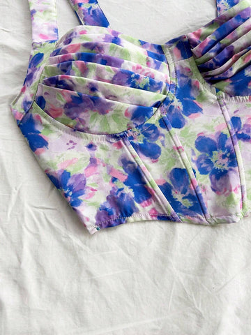 Women's Floral Print Bustier Crop Top With Asymmetrical Hemline, Romantic Vacation Style, Can Be Worn Underneath Or As Outerwear, Summer Outfit For Tea Time, Parties, Back To School