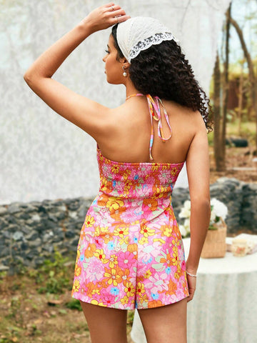 Women's Floral Print Halter Neck Tie Romper With Vacation Vibe For Summer