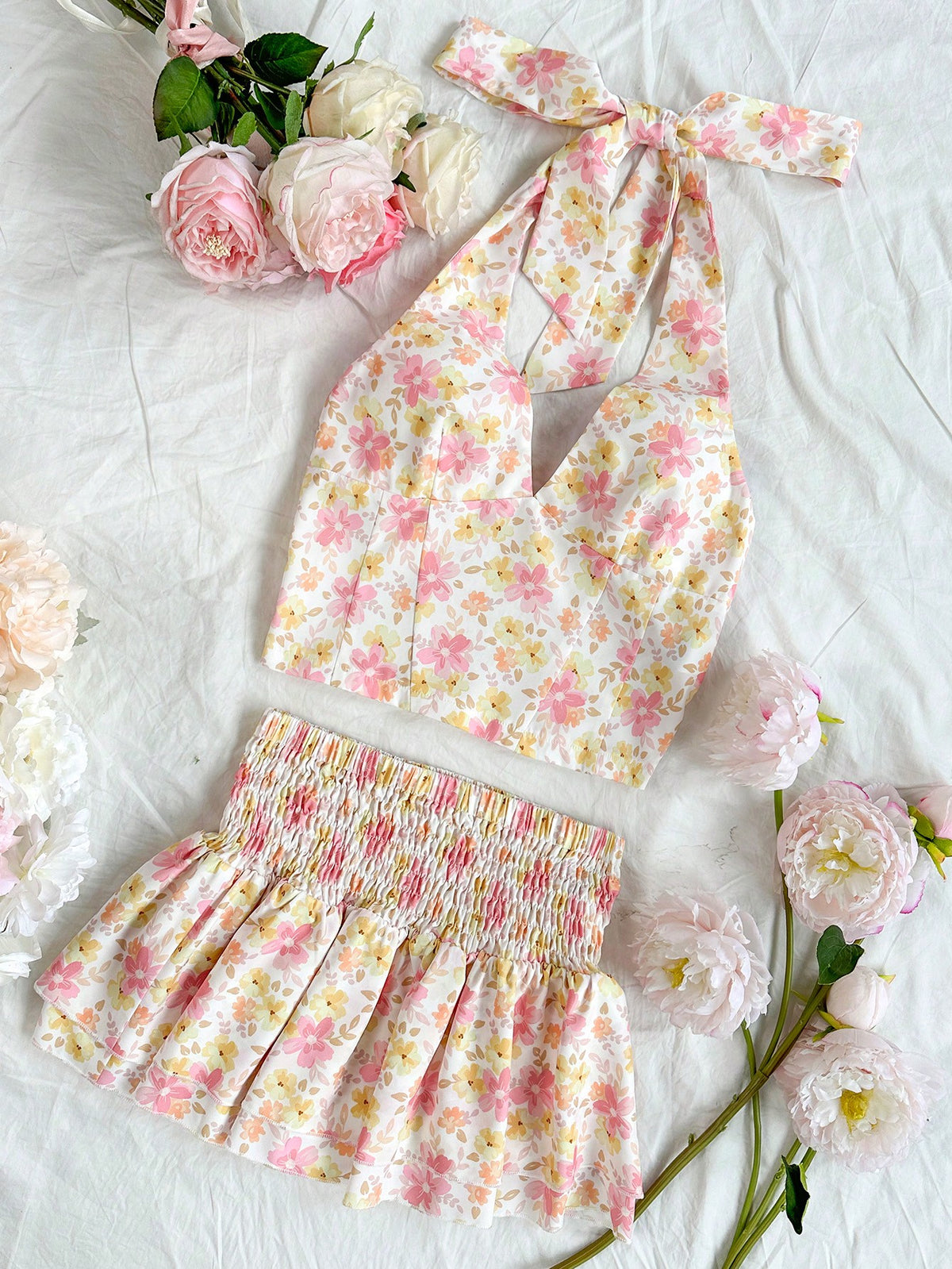 Women's Floral Print Halter Neck Vest Top And A-Line Skirt Set