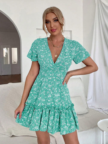 Women's Floral Print Overlapping V-Neck Ruffled Hem Dress