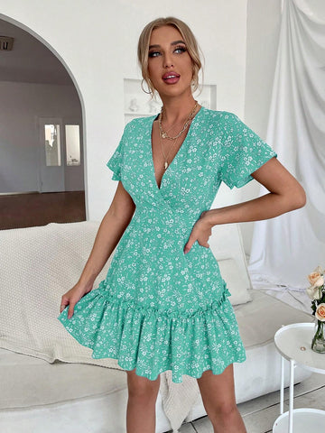 Women's Floral Print Overlapping V-Neck Ruffled Hem Dress