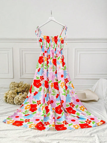 Women's Floral Print Pleated Beach Vacation Spaghetti Strap Dress, Summer