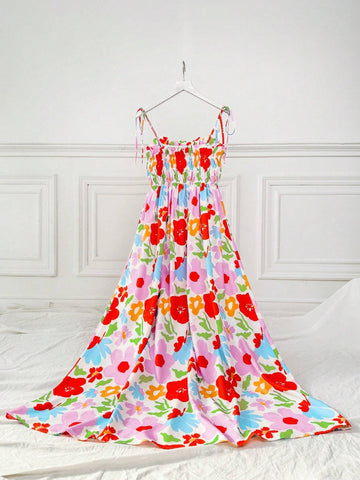 Women's Floral Print Pleated Beach Vacation Spaghetti Strap Dress, Summer