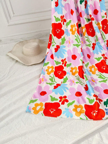 Women's Floral Print Pleated Beach Vacation Spaghetti Strap Dress, Summer