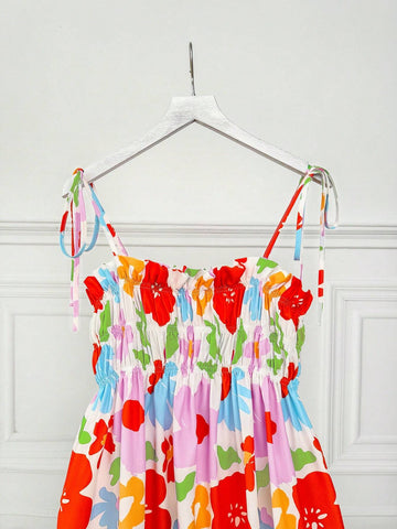 Women's Floral Print Pleated Beach Vacation Spaghetti Strap Dress, Summer