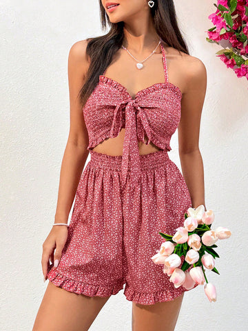 Women's Floral Print Plunging Neckline Knot Waist Cut Out Jumpsuit With Adjustable Shoulder Straps