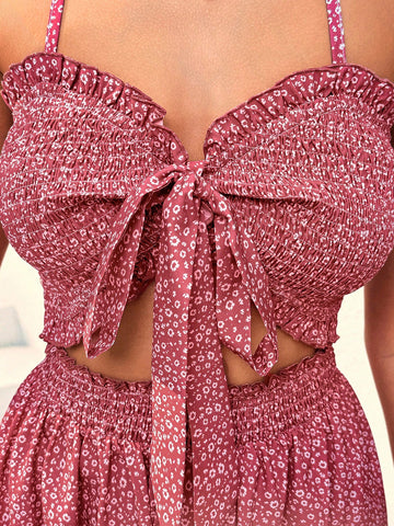 Women's Floral Print Plunging Neckline Knot Waist Cut Out Jumpsuit With Adjustable Shoulder Straps