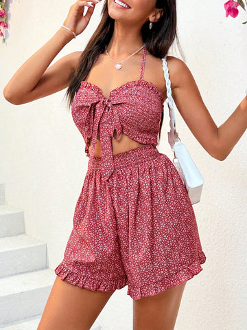 Women's Floral Print Plunging Neckline Knot Waist Cut Out Jumpsuit With Adjustable Shoulder Straps