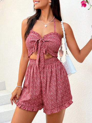 Women's Floral Print Plunging Neckline Knot Waist Cut Out Jumpsuit With Adjustable Shoulder Straps