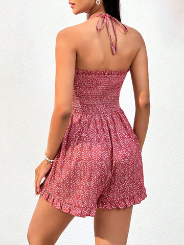 Women's Floral Print Plunging Neckline Knot Waist Cut Out Jumpsuit With Adjustable Shoulder Straps