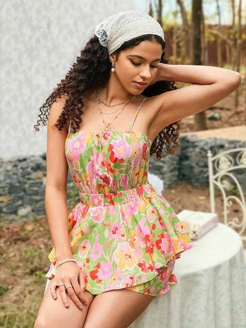 Women's Floral Print Romper With Waist Tie, Ruffle Trimmed Hem And Embellished Decor