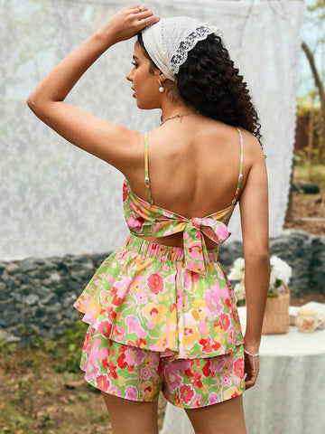 Women's Floral Print Romper With Waist Tie, Ruffle Trimmed Hem And Embellished Decor