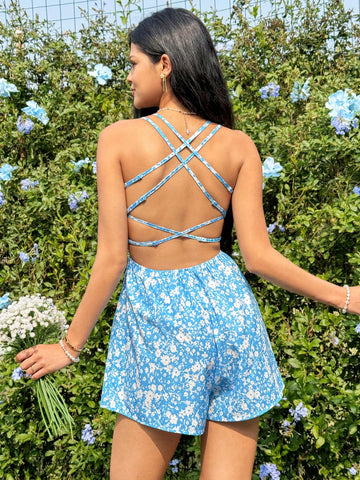 Women's Floral Print Spaghetti Strap Backless Jumpsuit