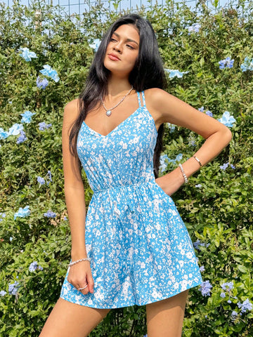 Women's Floral Print Spaghetti Strap Backless Jumpsuit