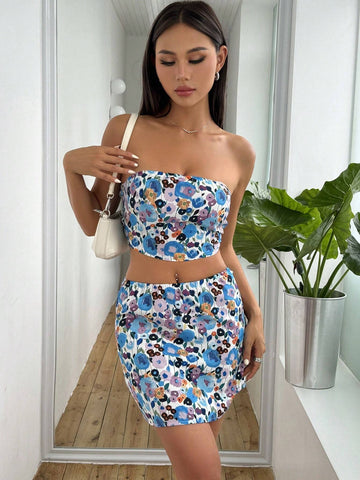 Women's Floral Print Strapless Top And Skirt Set