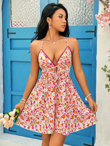 Women's Floral Print V-Neck Spaghetti Straps A-Line Shirred Dress