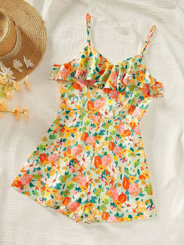 Women's Floral Print Vacation Casual Off Shoulder Jumpsuit With Ruffled Hem