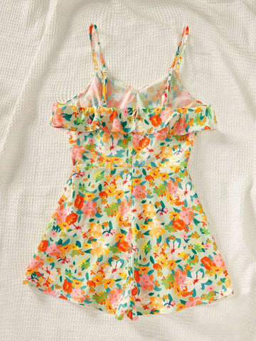 Women's Floral Print Vacation Casual Off Shoulder Jumpsuit With Ruffled Hem