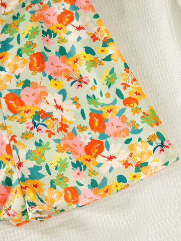 Women's Floral Print Vacation Casual Off Shoulder Jumpsuit With Ruffled Hem