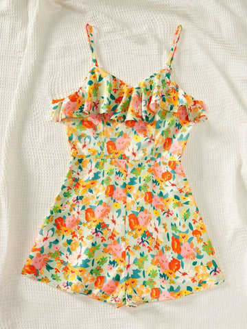 Women's Floral Print Vacation Casual Off Shoulder Jumpsuit With Ruffled Hem