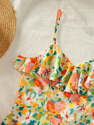 Women's Floral Print Vacation Casual Off Shoulder Jumpsuit With Ruffled Hem