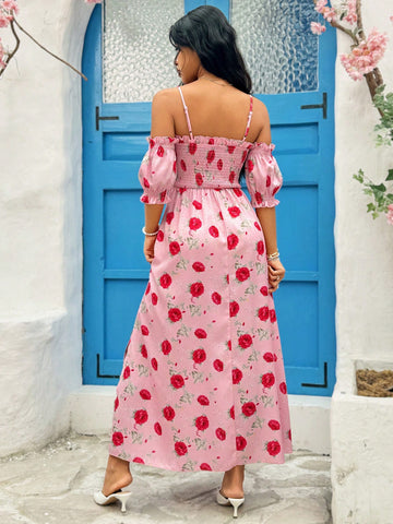 Women's Floral Printed Off Shoulder Puff Sleeve A-Line Maxi Dress
