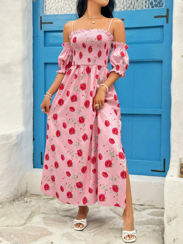 Women's Floral Printed Off Shoulder Puff Sleeve A-Line Maxi Dress