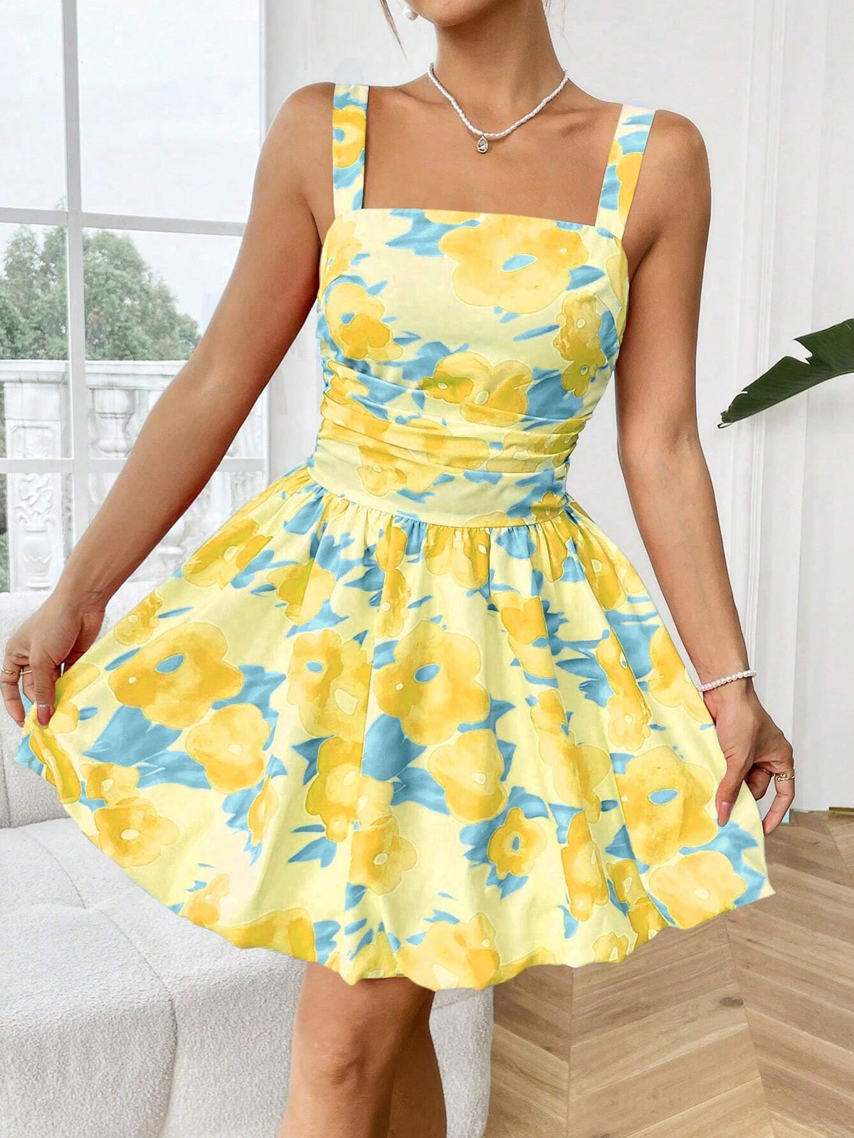 Women's Floral Printed Pleated Waist Cami Dress