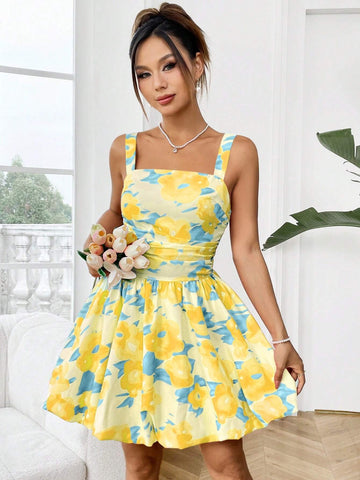 Women's Floral Printed Pleated Waist Cami Dress