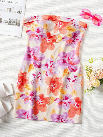 Women's Floral Printed Strapless Dress, Vacation Style