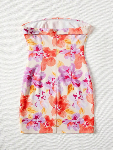 Women's Floral Printed Strapless Dress, Vacation Style