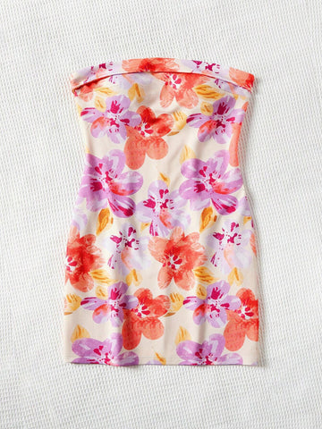 Women's Floral Printed Strapless Dress, Vacation Style