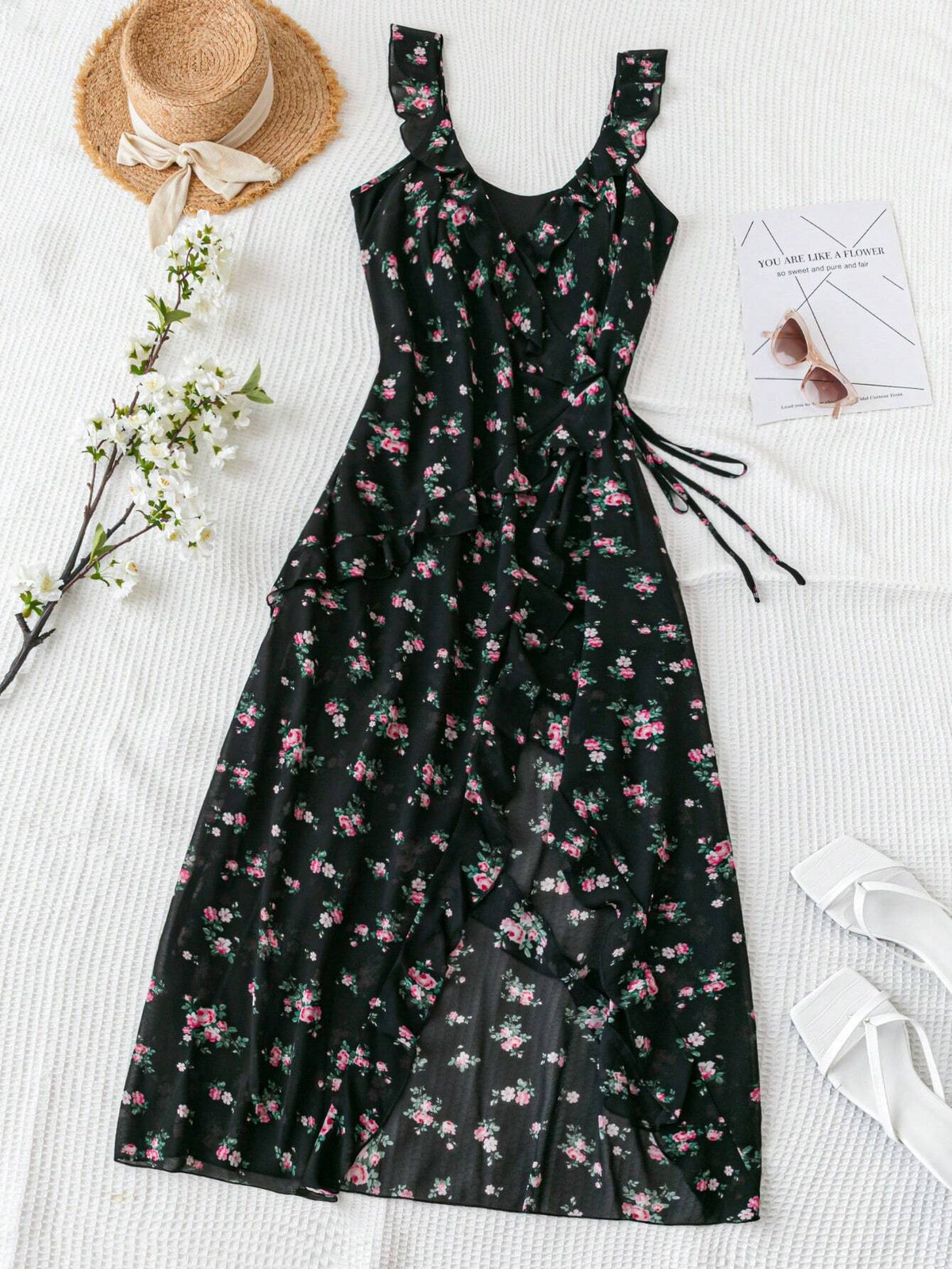 Women's Floral Printed Vacation Dress With Ruffled Hemline, V-Neckline And High Slit