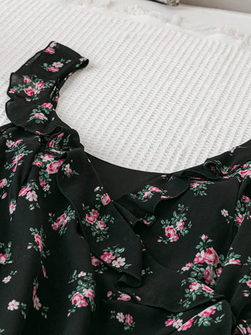 Women's Floral Printed Vacation Dress With Ruffled Hemline, V-Neckline And High Slit