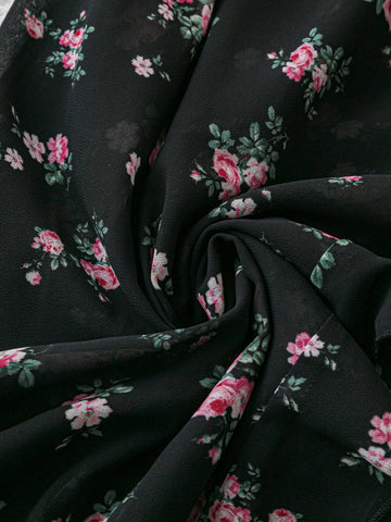 Women's Floral Printed Vacation Dress With Ruffled Hemline, V-Neckline And High Slit