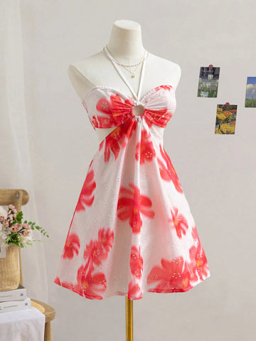 Women's Floral Tie Dye Print Circle Connecting Halter Neck Casual Mini Dress