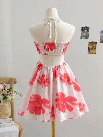 Women's Floral Tie Dye Print Circle Connecting Halter Neck Casual Mini Dress