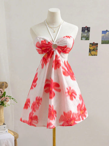 Women's Floral Tie Dye Print Circle Connecting Halter Neck Casual Mini Dress