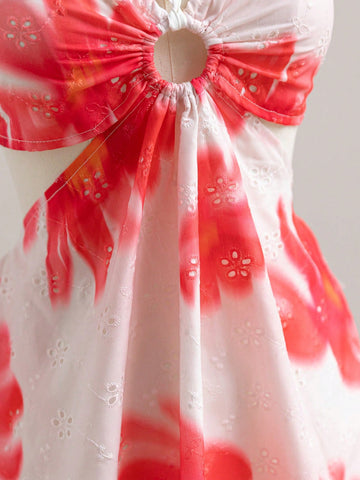 Women's Floral Tie Dye Print Circle Connecting Halter Neck Casual Mini Dress