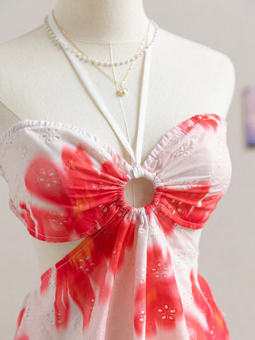 Women's Floral Tie Dye Print Circle Connecting Halter Neck Casual Mini Dress