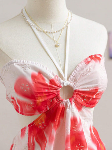 Women's Floral Tie Dye Print Circle Connecting Halter Neck Casual Mini Dress