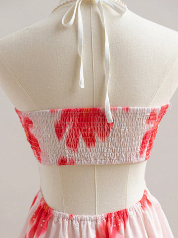 Women's Floral Tie Dye Print Circle Connecting Halter Neck Casual Mini Dress