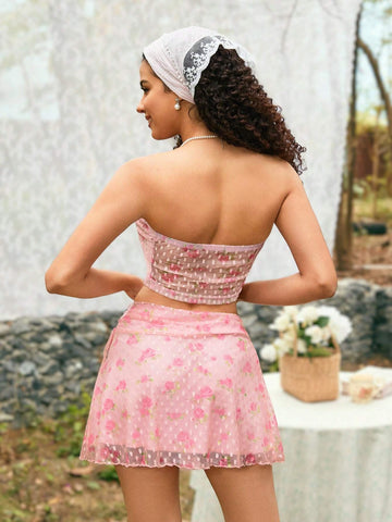 Women's Flower Embroidered Mesh Strapless Top And Skirt Set