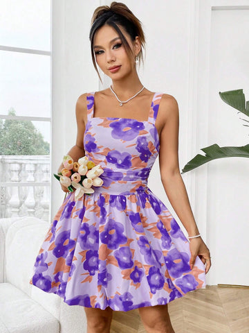 Women's Flower Print Ruffle Trim Spaghetti Strap Dress