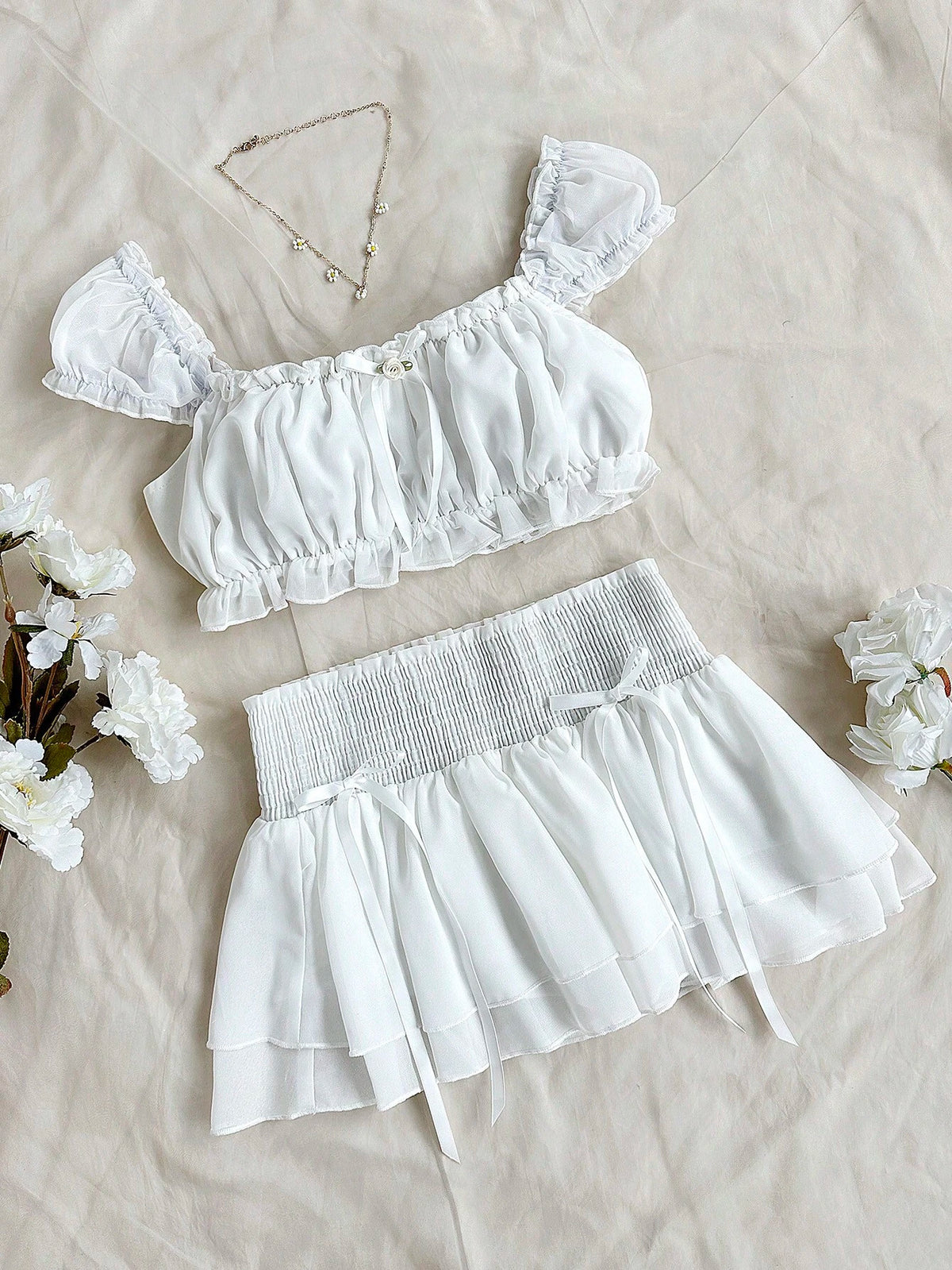 Women's Frill Trim Cropped Top And Skirt Solid Color Two Piece Set