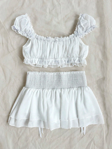 Women's Frill Trim Cropped Top And Skirt Solid Color Two Piece Set